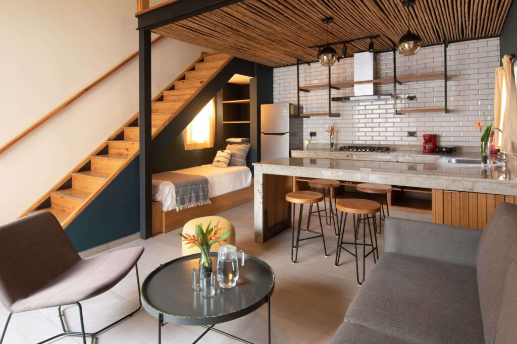 A kitchen inside one of the apartments at Palo Verde Sustainable Hotel in El Zonte