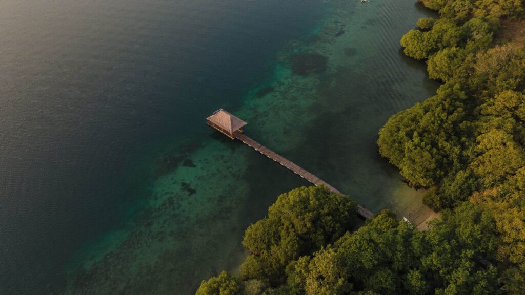 A bird's eye view of the jetty at Plataran Menjangan Resort & Spa - an eco-friendly hotel in Pemuteran, Bali