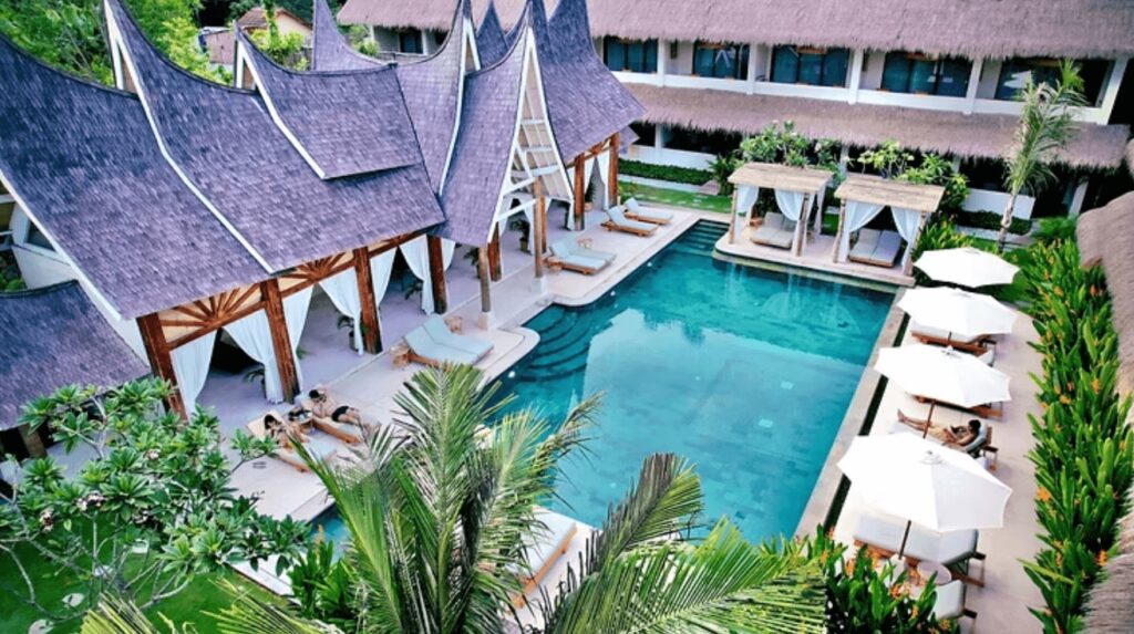 Best surf and yoga resorts in Lombok: An elevated view of the swimming pool at Rascals - an adults-only resort in Kuta Lombok