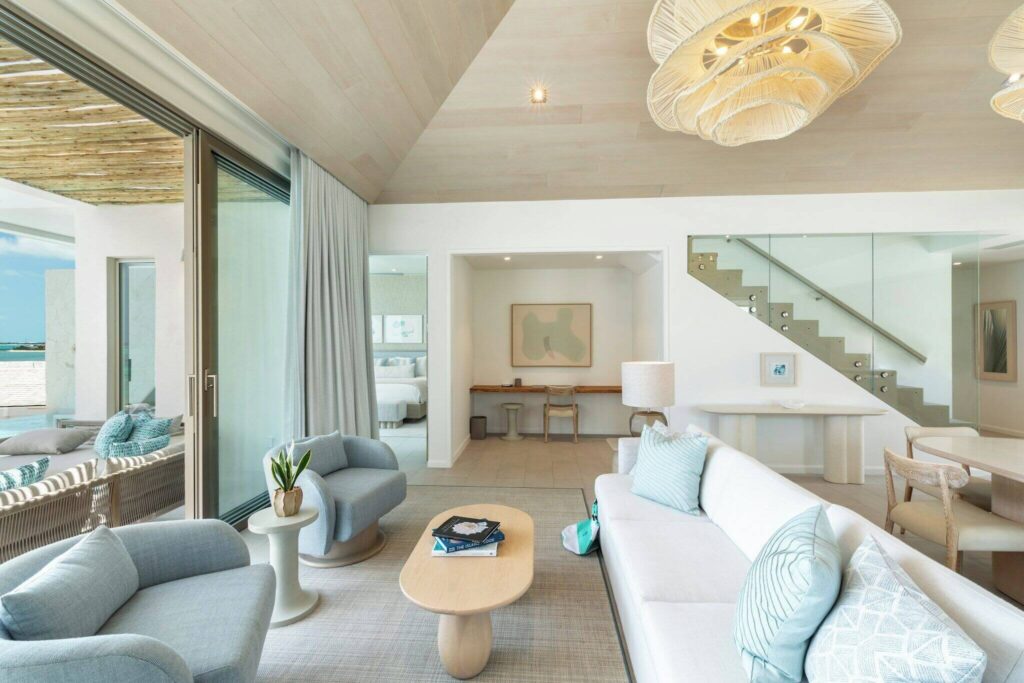 A lounge in one of the spacious apartments at Rock House in Turks and Caicos