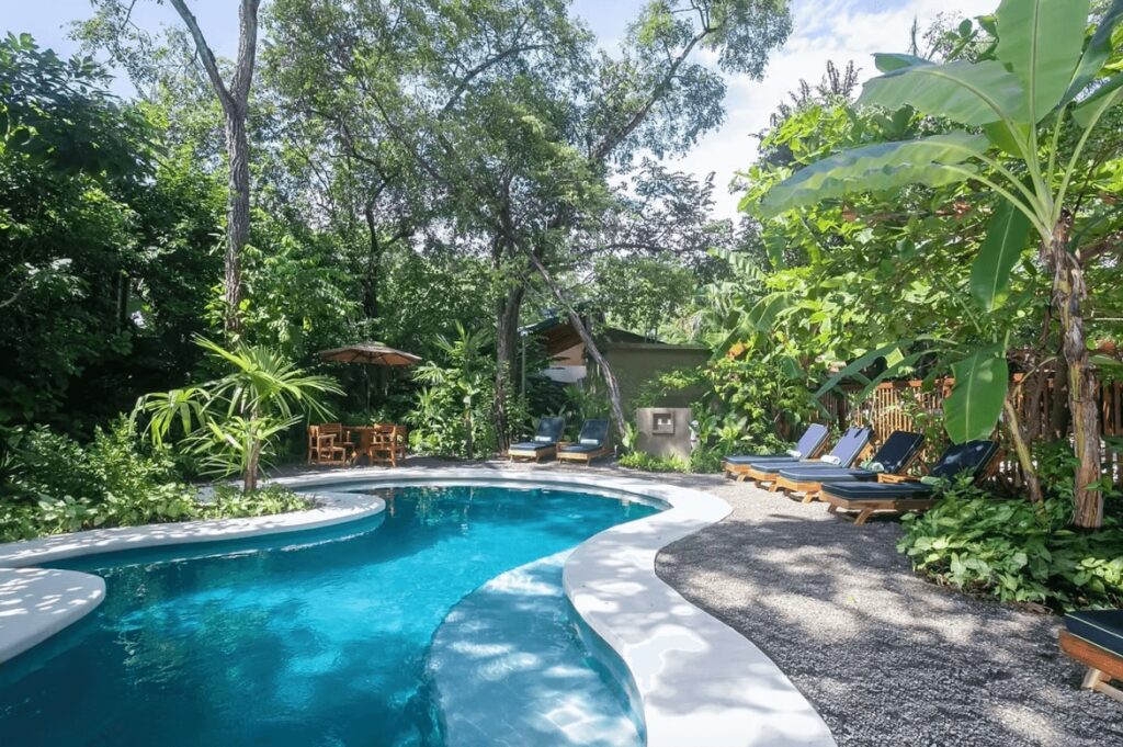 Sun loungers beside an outdoor pool at Olas Verdes Hotel in Costa Rica 