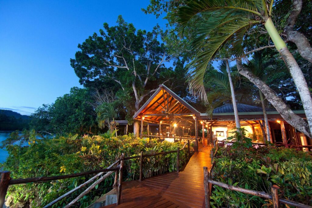 Boardwalks connect the buildings at Savasi Island Resort in Fiji