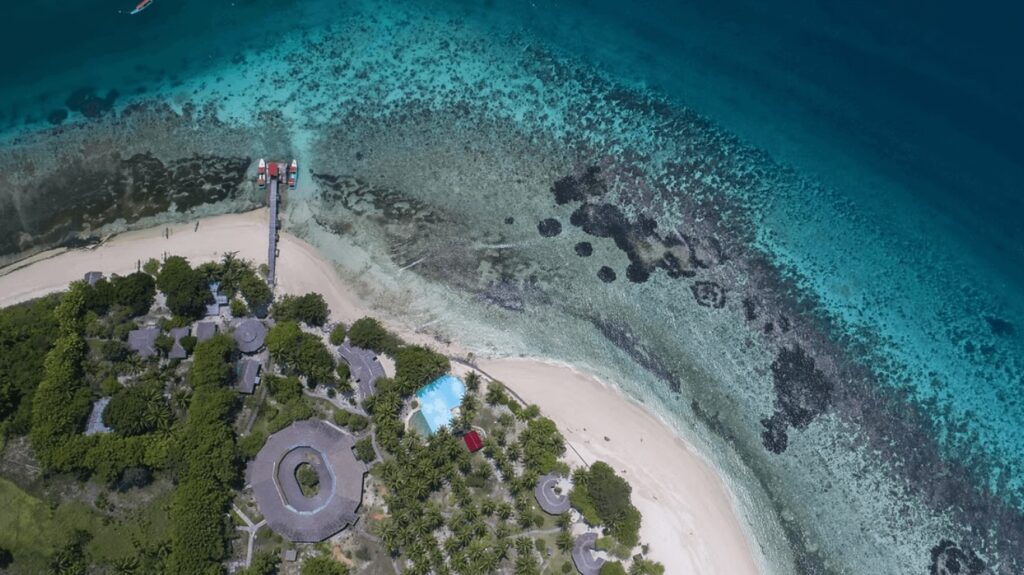 An aerial view of an eco-friendly dive resort on Bangka Island, North Sulawesi 