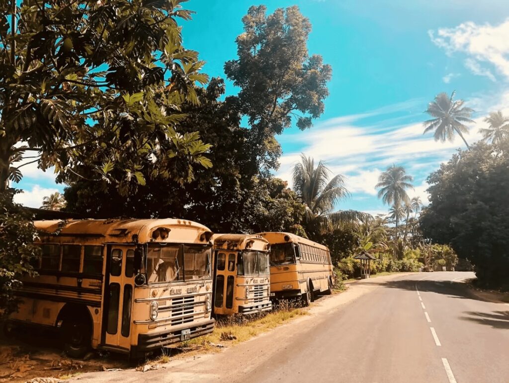 Old yellow schools buses on the side of the road in French Polynesia