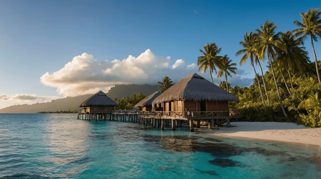 Best places to dive in French Polynesia: Overwater bungalows illuminated at sunset