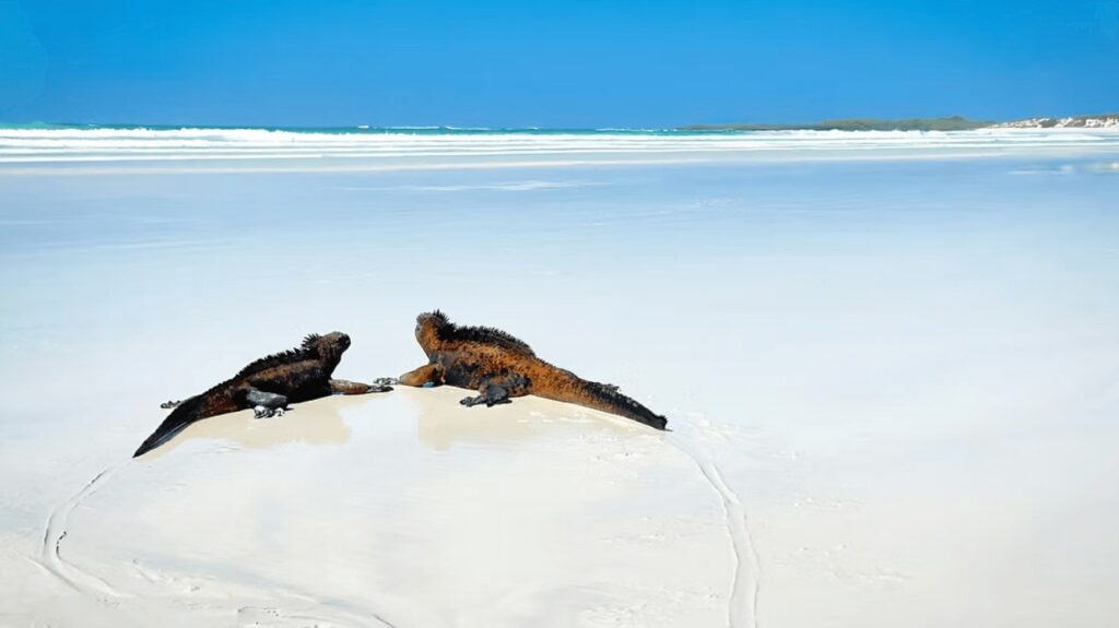 Surfing in the Galapagos Islands: Marine iguanas on a white sandy beach