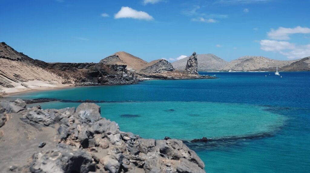 Azure blue meets turquoise waters off the coast of the Galapagos Islands