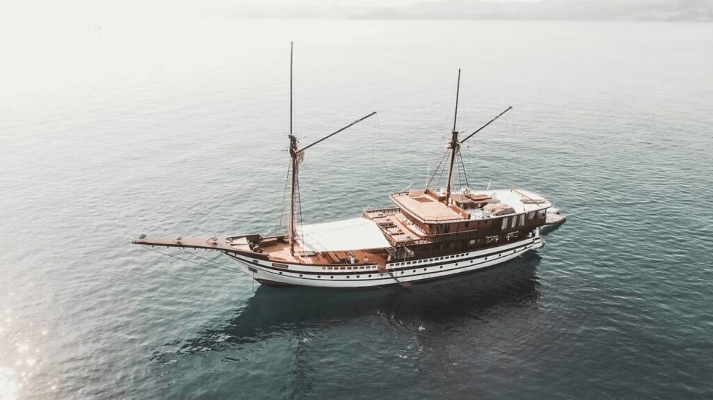 An elevated view of a liveaboard while scuba diving in Alor, Indonesia