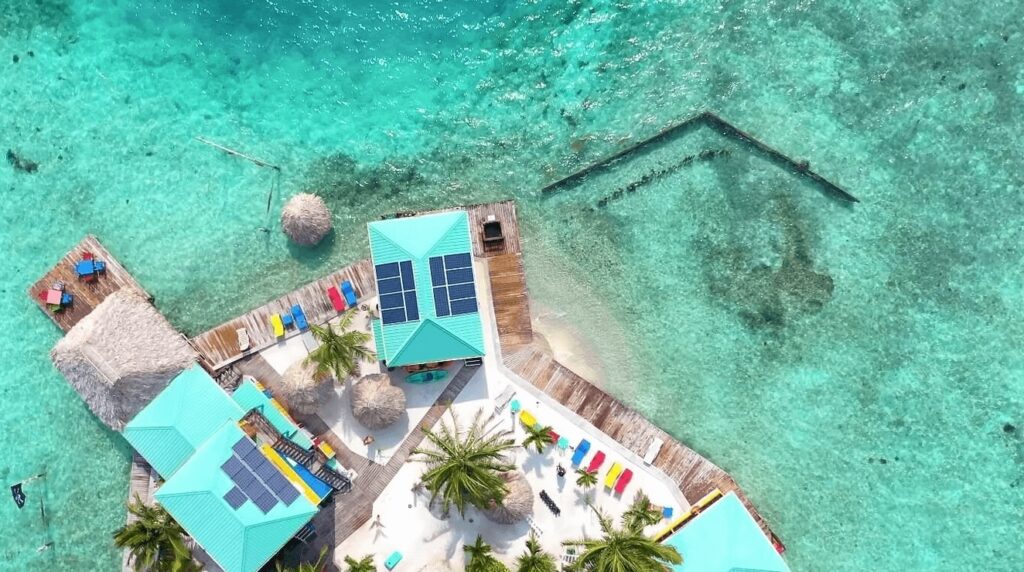An aerial view of King Lewey's Island Resort, a highly-rated dive resort in Belize 