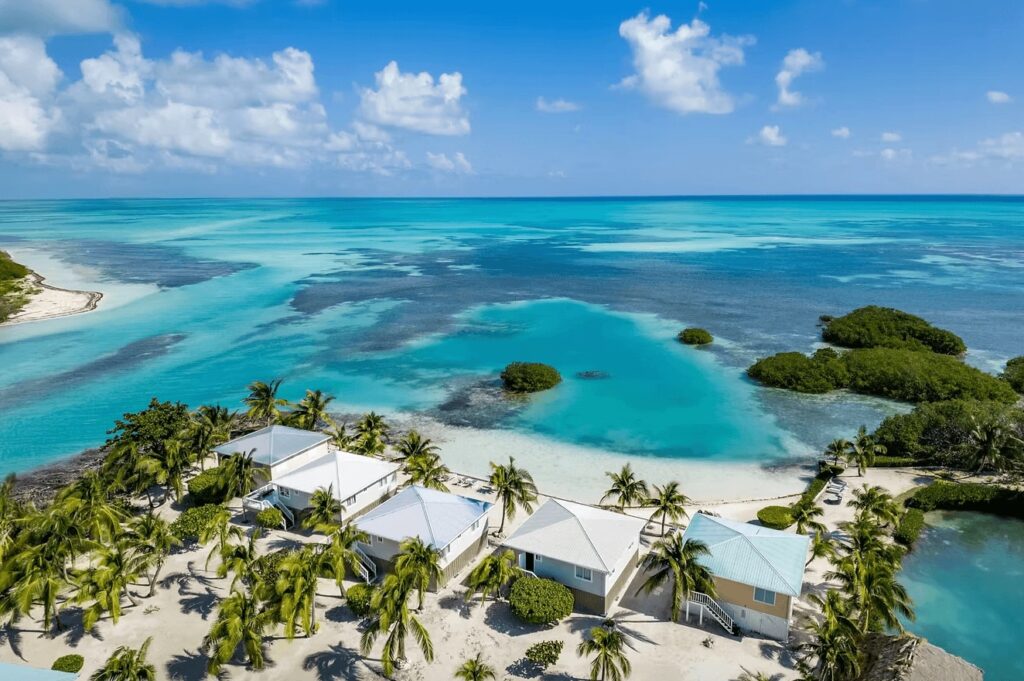 An aerial view of Shaka Caye, one of the best dive resorts in Belize 