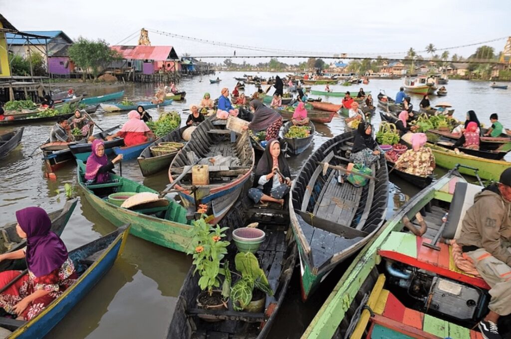 A traditional floating market in the Derawan Islands, Kalimantan, Indonesia