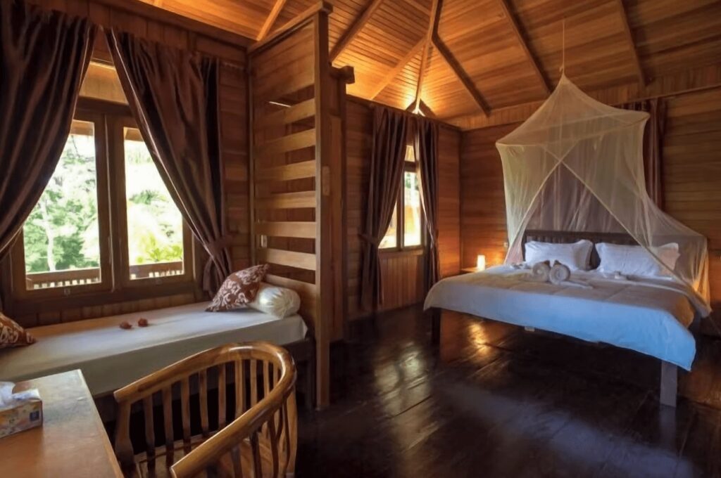 A sustainably designed room at the K2 Lembeh Dive Resort, an eco-friendly resort in Sulawesi 