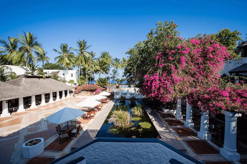 An elevated view across the picturesque grounds of Serena Beach Resort & Spa near Mombasa 