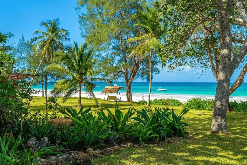 Views of the Indian Ocean from the lush gardens of Nomad Beach Resort in Diani, Kenya 