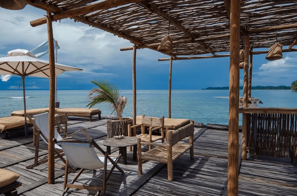 A dock overlooking the Indian Ocean at the Princesse Bora Lodge & Spa, an eco-friendly hotel in Madagascar