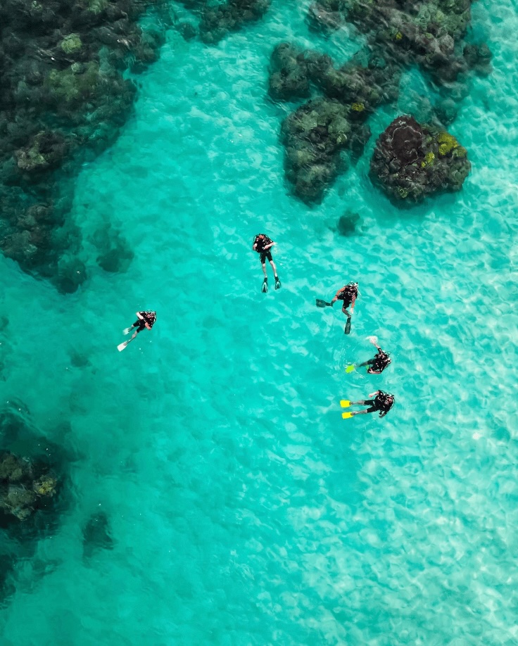 Scuba diving in Malaysia: A bird's eye view of divers floating in turquoise waters