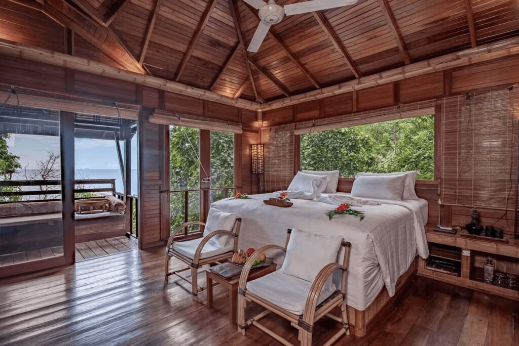A beautifully decorated room at the Japamala Resort, an eco-friendly hotel on Tioman Island 