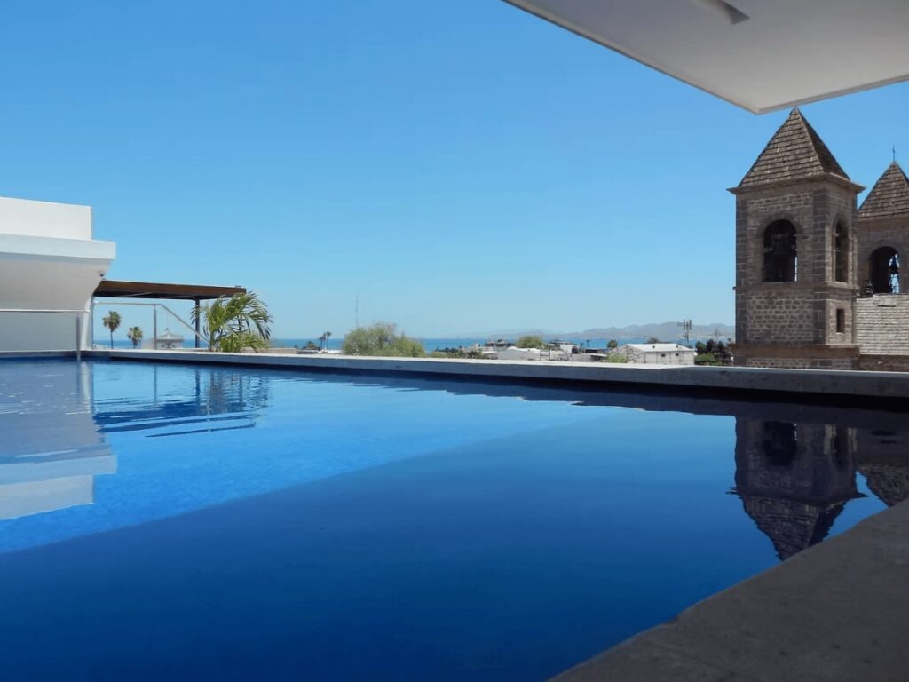 A view of Our Lady of La Paz Cathedral from Hotel Catedral in La Paz, Baja California