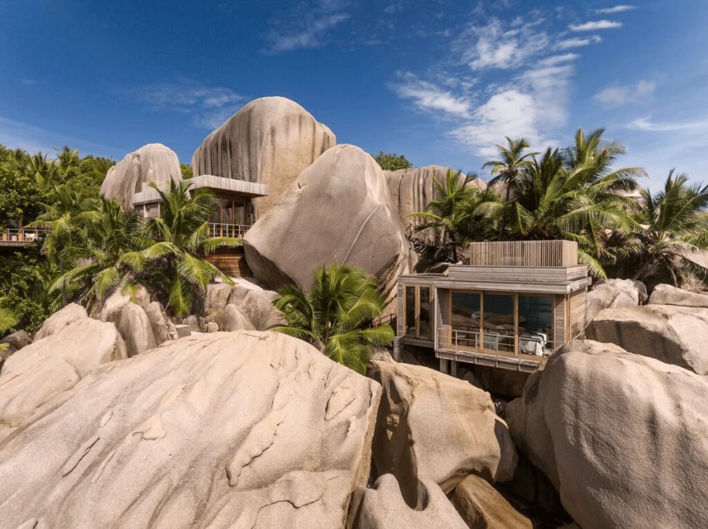 A spectacular spa treatment room perched amidst the boulders of Six Senses Zil Pasyon, a luxury eco-resort in the Seychelles 