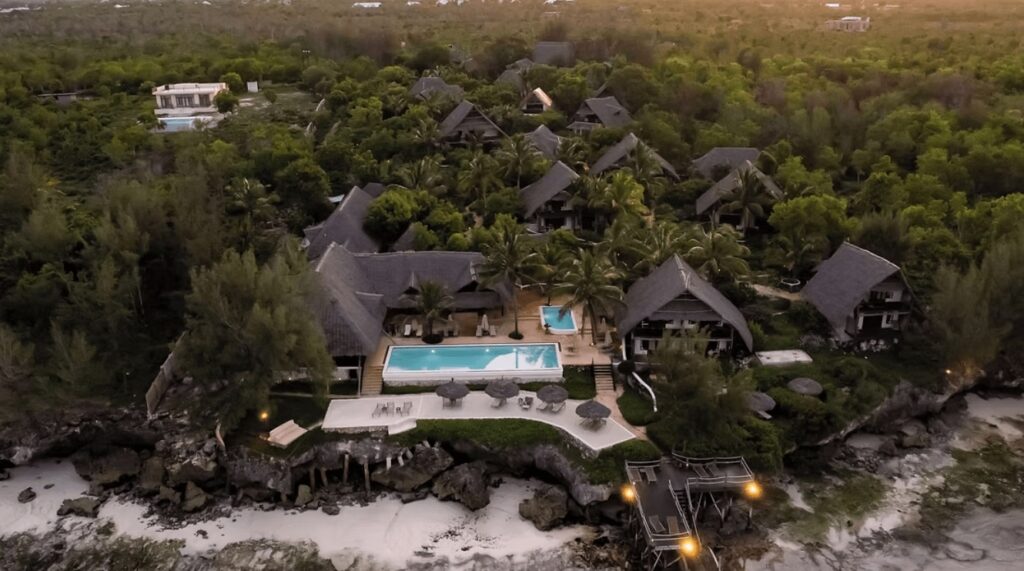 An elevated view of Sunshine Marine Lodge on the northeast coast of Zanzibar 