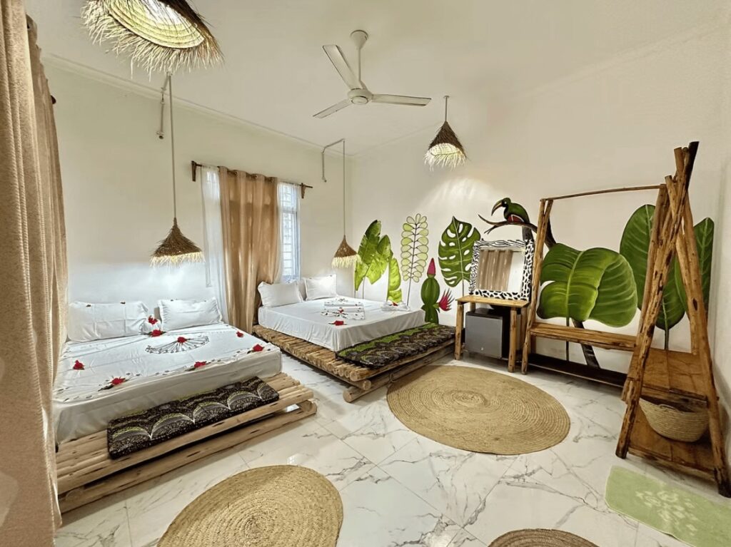 One of the light and airy rooms at Pole Pole, an eco-friendly hotel in Zanzibar 