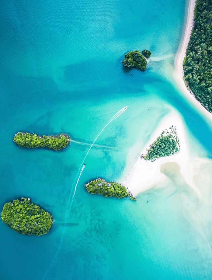 Eco-dive resorts in Southeast Asia: A bird's eye view of an island landscape in the Andaman Sea