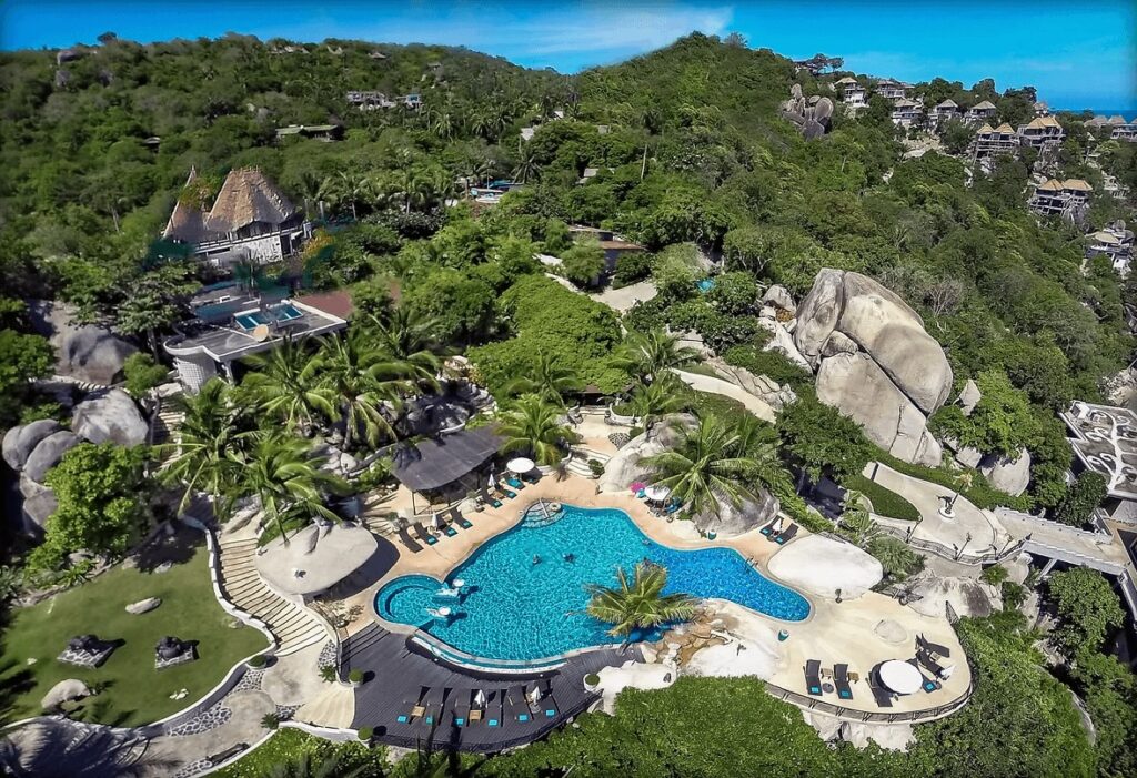 An aerial view of the swimming pool at the Jamakhiri Dive Resort & Spa on Koh Tao 