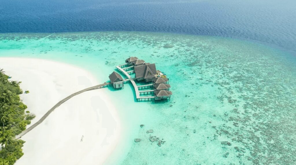 A bird's eye view of an eco-friendly dive resort in the Maldives