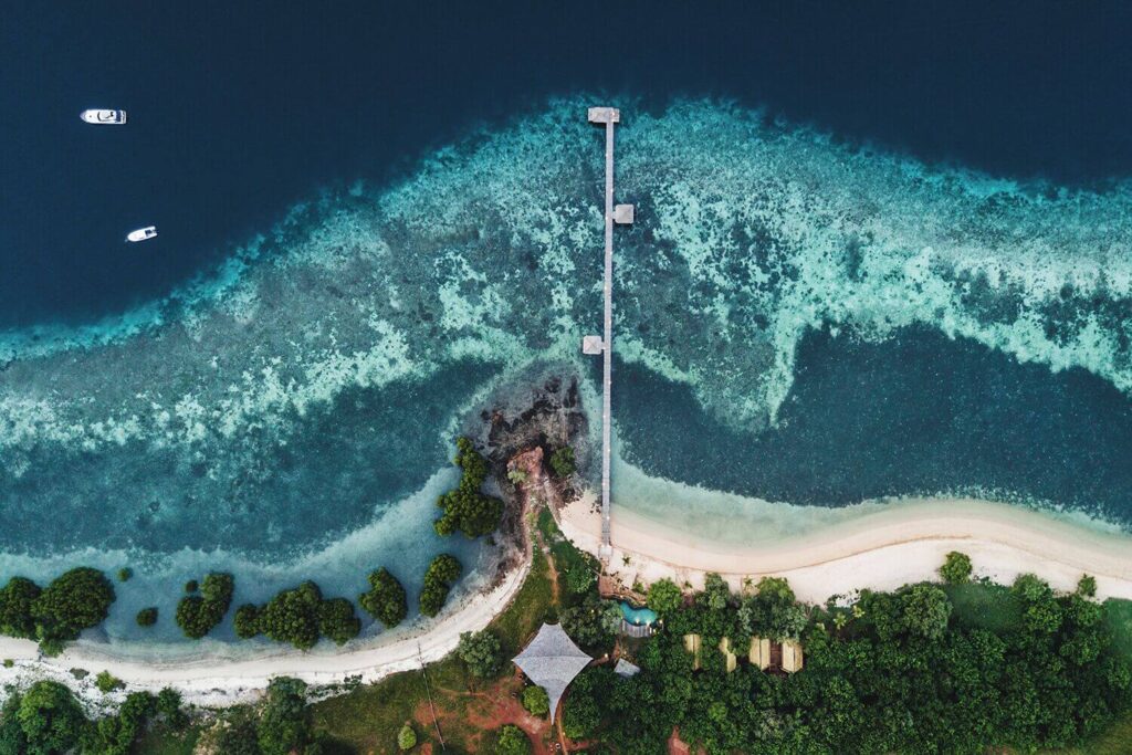 An aerial view of the eco-friendly Seraya Resort in the Komodo Islands