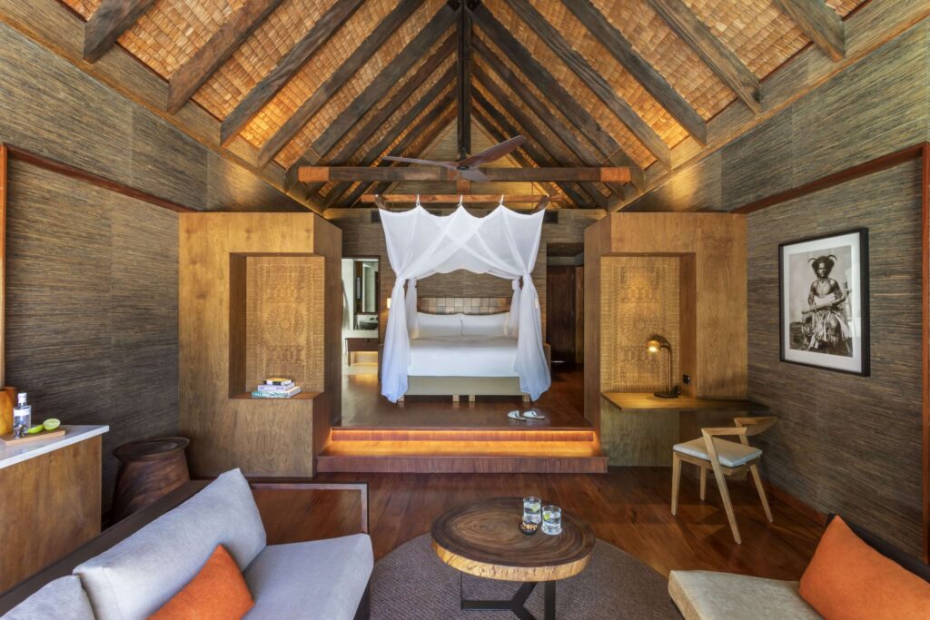 Natural materials feature throughout the villas at Six Senses Fiji