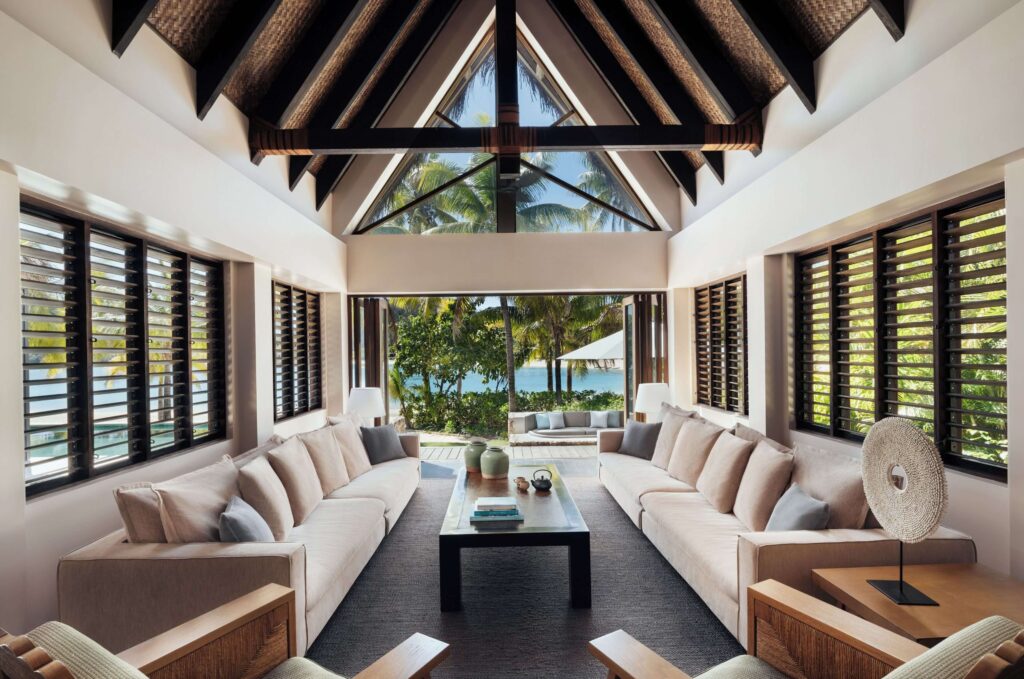 A contemporary living space at Six Senses - an eco-friendly resort in Fiji
