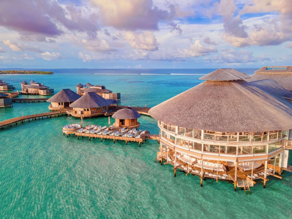 An elevated view of the overwater restaurant at Soneva Jani in the Maldives