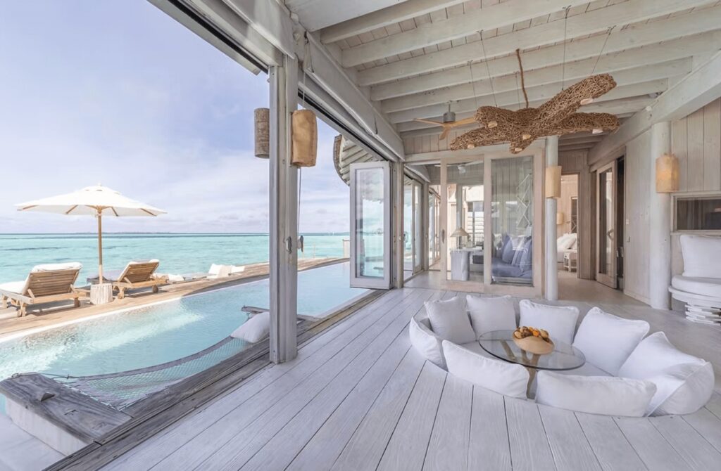 A luxurious whitewashed suite at Soneva Jani, an eco-friendly resort in the Maldives 