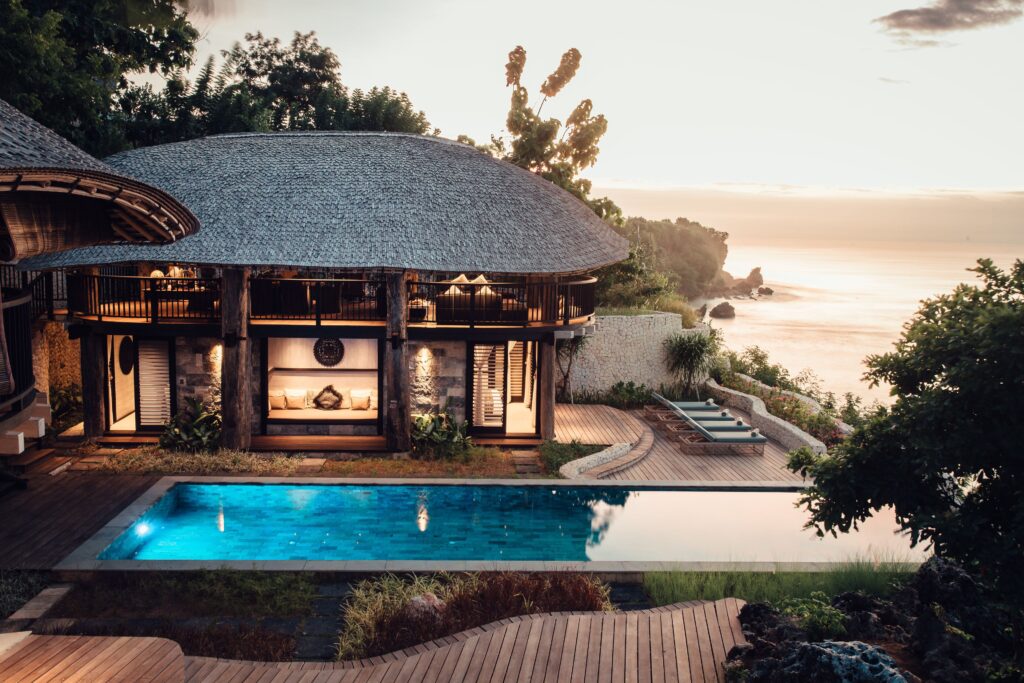 An elevated view of the swimming pool at Suarga Padang Padang