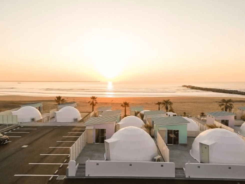 The beachfront domes at Sugar Beach Oarai in Ibaraki Prefecture, Japan 