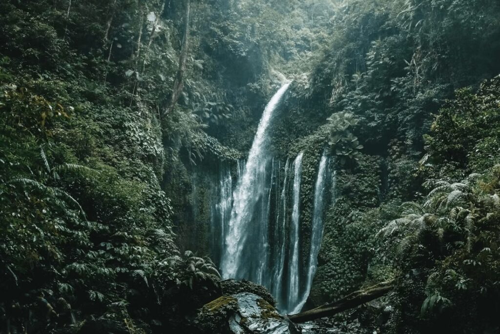 A waterfall tumbles in a forested valley on the Indonesian island of Lombok