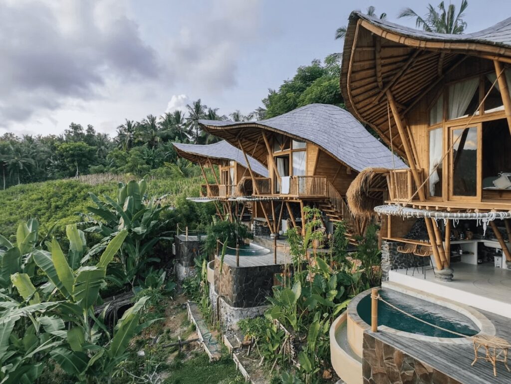 Bungalows with private pools at Kalma Bamboo Eco Lodge, one of the best eco-friendly hotels in Lombok 