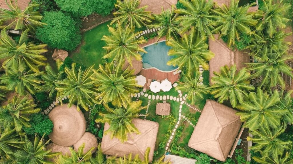 An aerial view of Mana Eco Retreat, one of the best eco-friendly resorts in Lombok