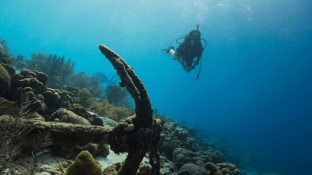 A scuba diver explores the remains of a shipwreck in the Solomon Islands