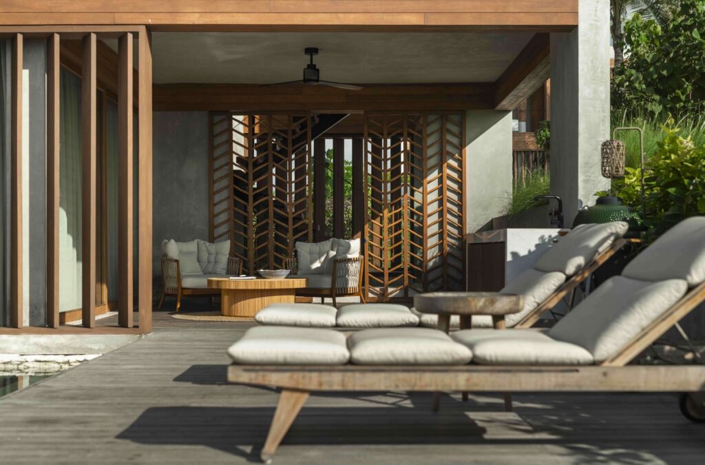 Sun loungers beside a plunge pool at Cap Karoso Sumba, one of the best eco-resorts in Indonesia 