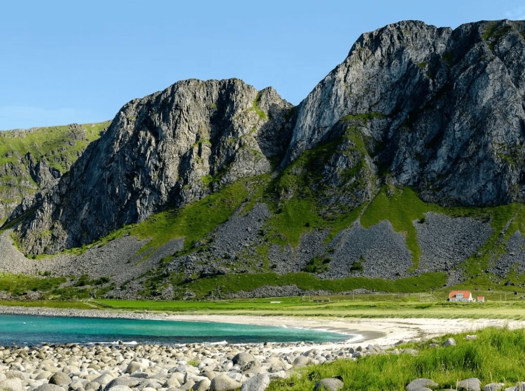 Rugged scenery in Lofoten, which is home to some of the best surf spots in Norway