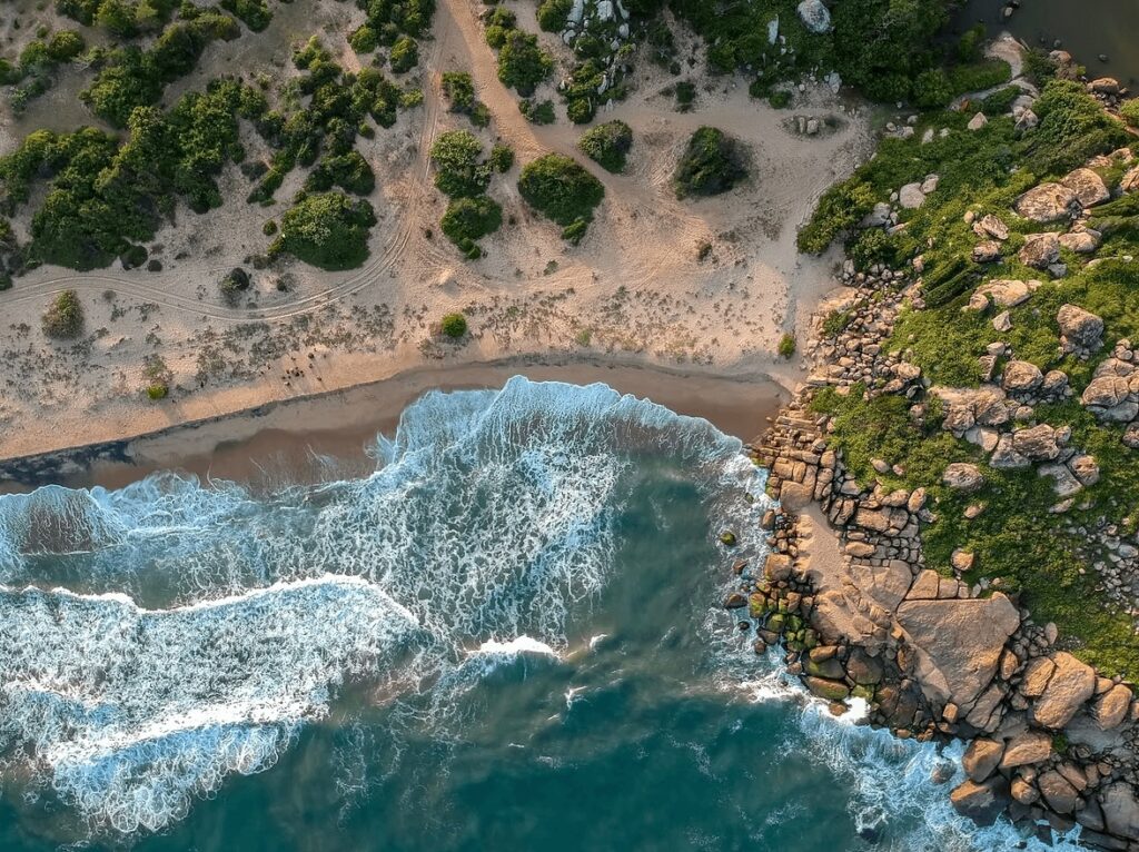 A bird's eye view of a rocky coastline in Sri Lanka - one of the world's best surf destinations