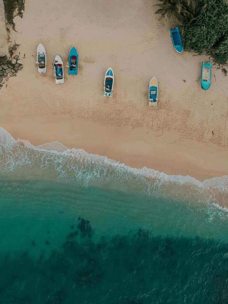 Surfing Sri Lanka: A bird's eye view of boats moored on a beach in Hikkaduwa