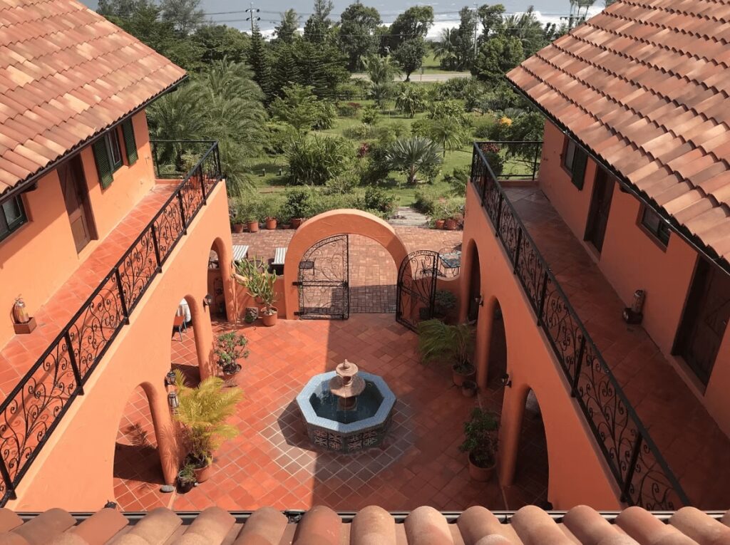 The terracotta-coloured courtyard of Wishing Well B&B near Jinzun, Taiwan