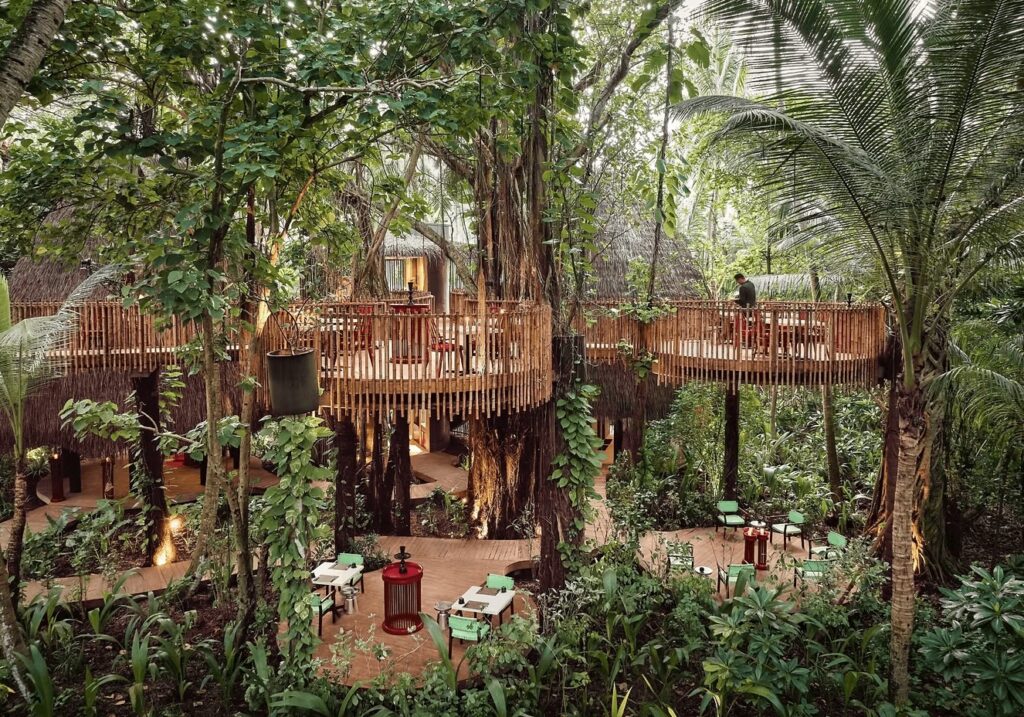 A treehouse-inspired restaurant at the eco-friendly Niyama Resort in the Maldives 
