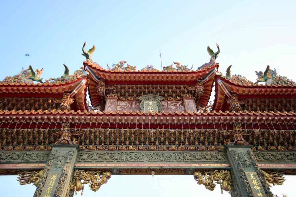 Intricate details on a temple arch in Tainan