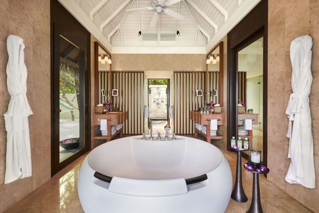 A luxurious bathroom at Taj Exotica Resort & Spa in the Maldives