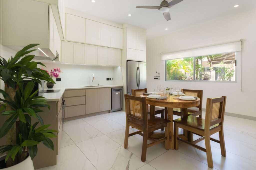 A self-catering kitchen in one of the apartments at Tamarindo Bay