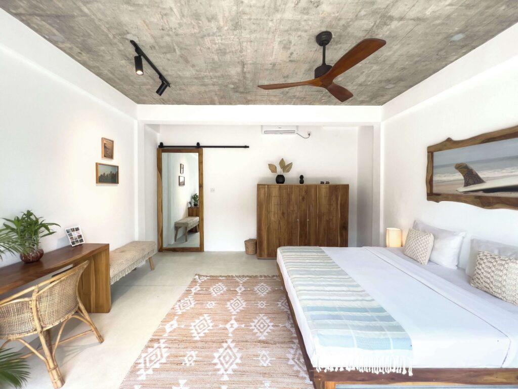 One of the bright and airy rooms at The Jungalows - a sustainable hotel in Hiriketiya