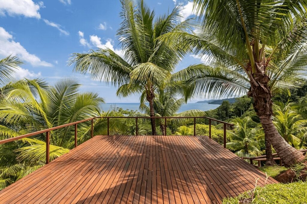 A wooden deck at The Tranquilo Lodge - an eco-friendly hotel in Drake Bay, Costa Rica